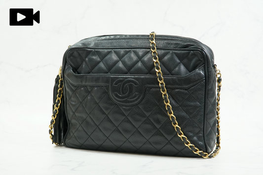 CHANEL Quilted Grained Leather Fringe Chain Shoulder Bag Black CC Vintage JAPAN