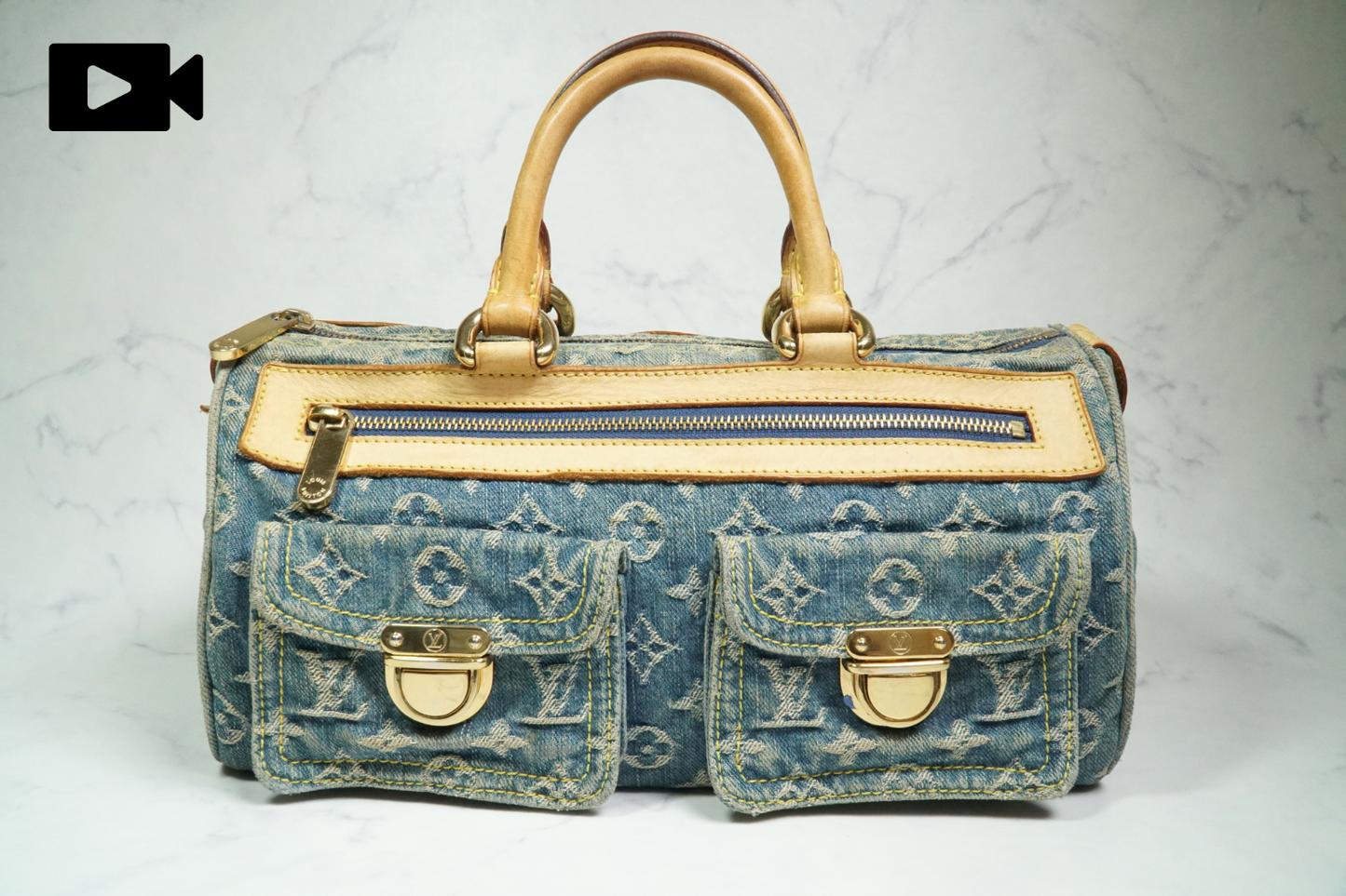 [Good] Louis Vuitton Monogram Denim Neo Speedy Handbag Blue M95019 Vintage JAPAN