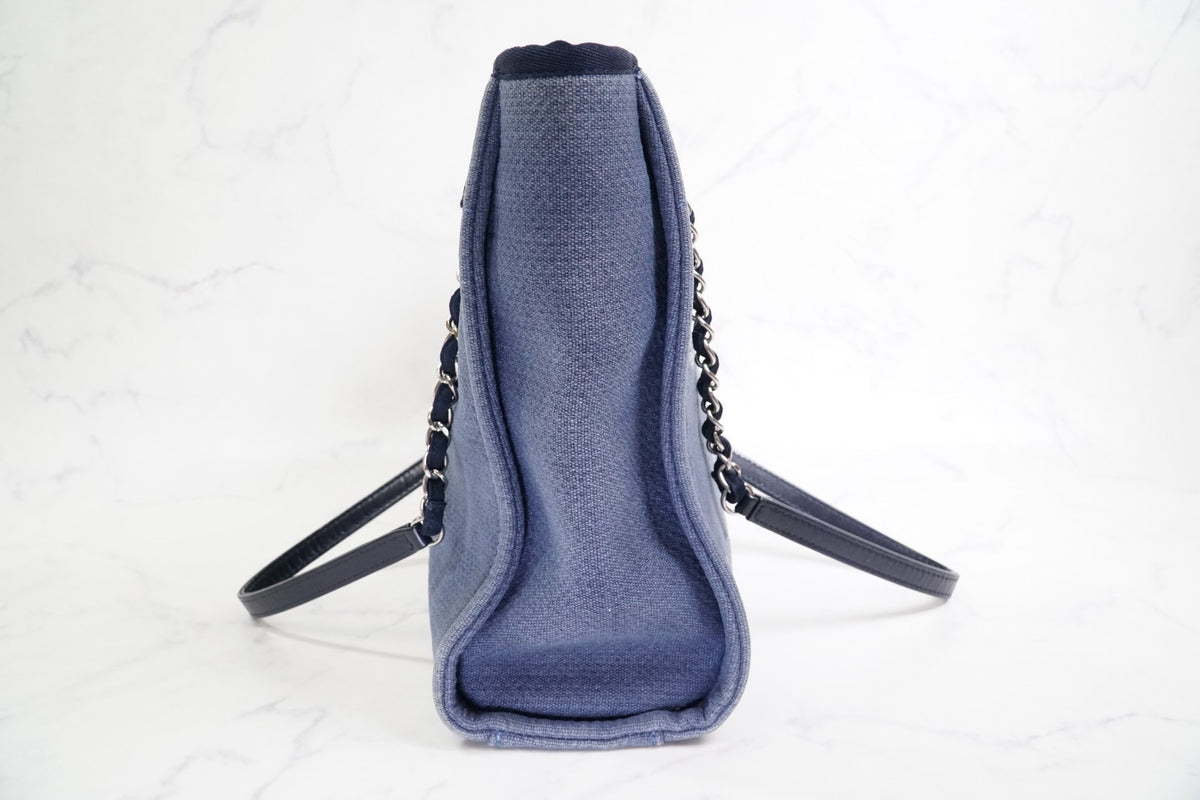 [Rank AB] CHANEL Deauville Canvas Chain Tote Bag Blue Navy Silver Hardware PM