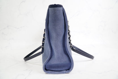 [Rank AB] CHANEL Deauville Canvas Chain Tote Bag Blue Navy Silver Hardware PM