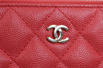 [EXCELLENT] CHANEL Caviar Skin Zipped Chain Wallet Coral Red Crossbody Bag Gold