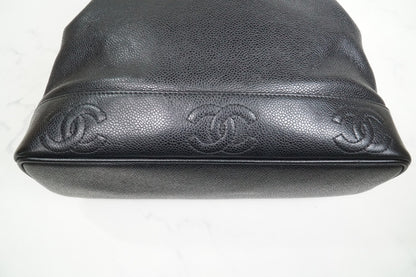 CHANEL Triple Coco Caviar Skin Drawstring Chain Shoulder Bag Black Gold Vintage