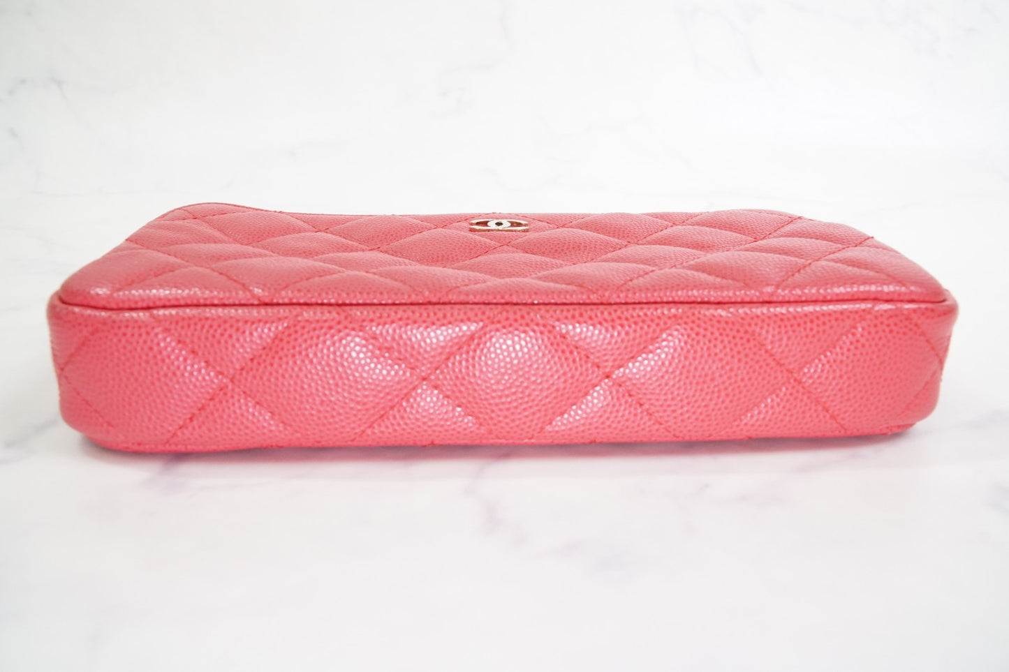 [EXCELLENT] CHANEL Caviar Skin Zipped Chain Wallet Coral Red Crossbody Bag Gold