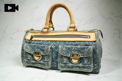 [Good] Louis Vuitton Monogram Denim Neo Speedy Handbag Blue M95019 Vintage JAPAN