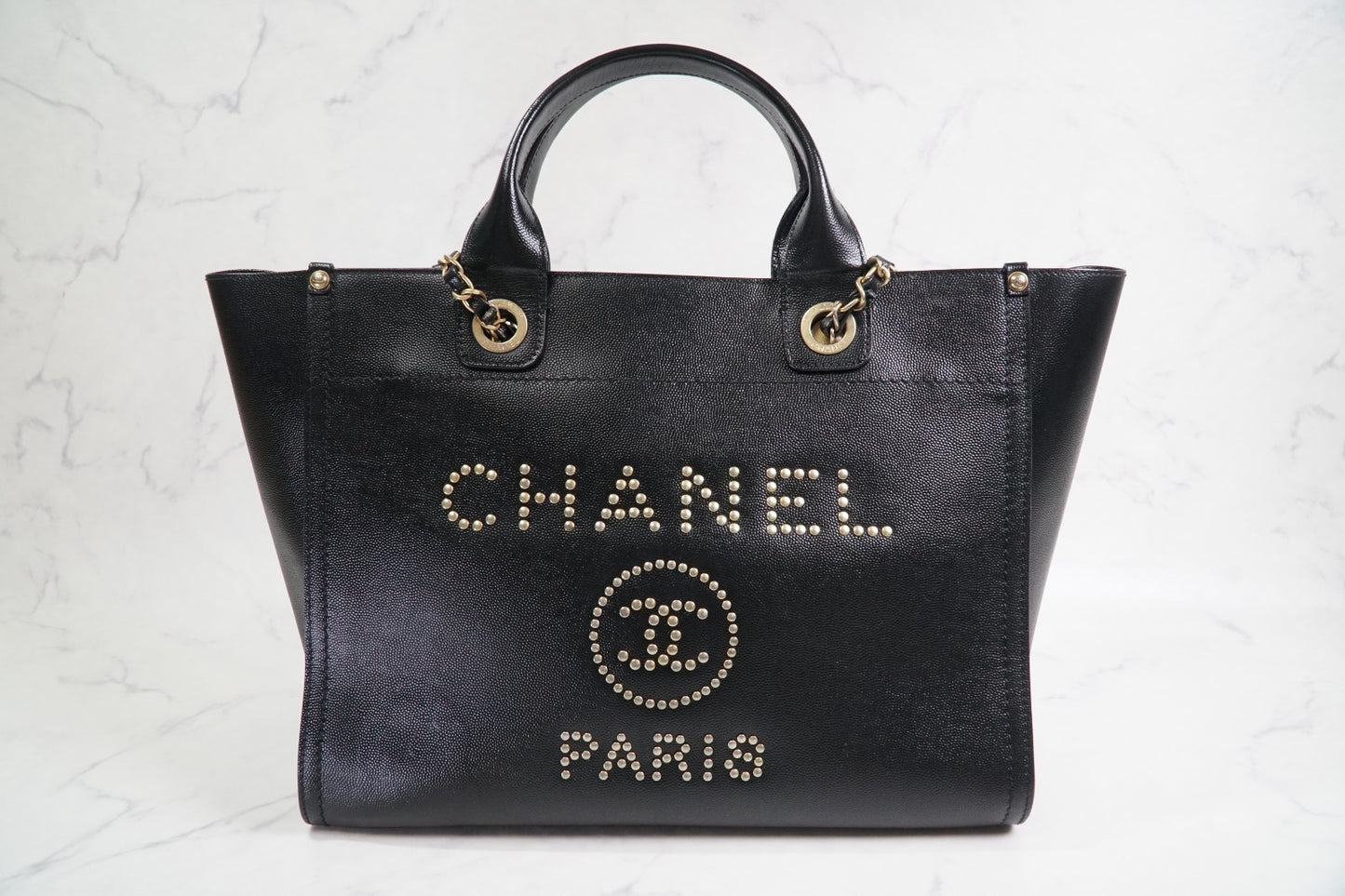 [VERY GOOD] CHANEL Deauville 2way Leather Tote Bag Caviar Skin Black Gold Auth