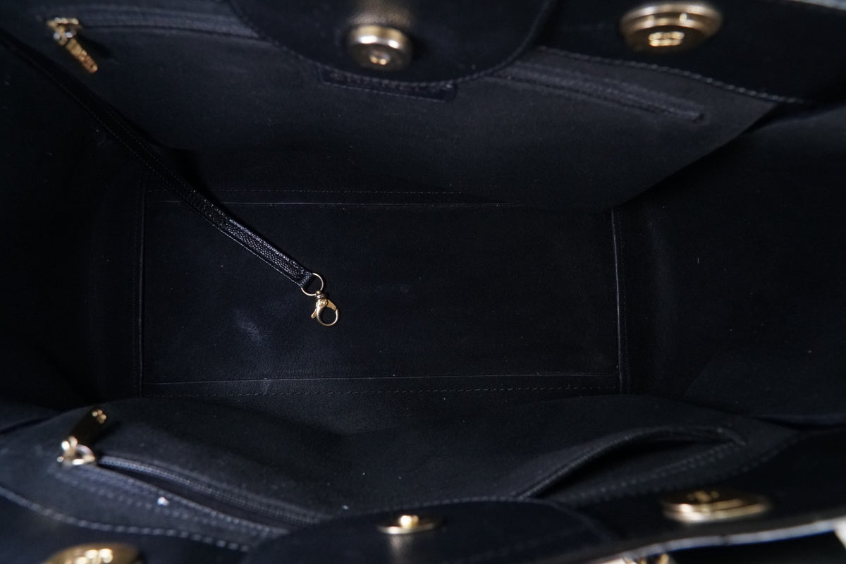 [VERY GOOD] CHANEL Deauville 2way Leather Tote Bag Caviar Skin Black Gold Auth