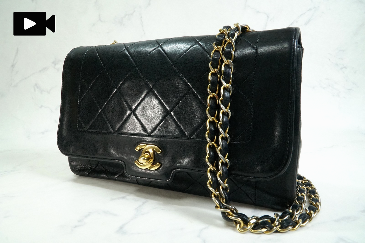 [Rank AB] CHANEL Vintage Diana 25 Matelasse Lambskin Chain Shoulder Bag Black