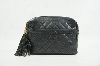 CHANEL Quilted Grained Leather Fringe Chain Shoulder Bag Black CC Vintage JAPAN