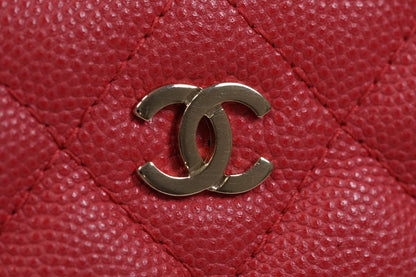 [EXCELLENT] CHANEL Caviar Skin Zipped Chain Wallet Coral Red Crossbody Bag Gold