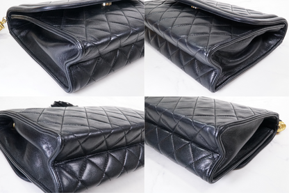 [Rank AB] CHANEL Matelasse Fringe Chain Shoulder Bag Black Leather Gold 1148788