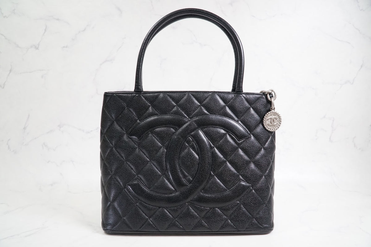 [Rank AB] CHANEL Medallion Tote Caviar Leather Black Silver HW w/ Box Dust Bag
