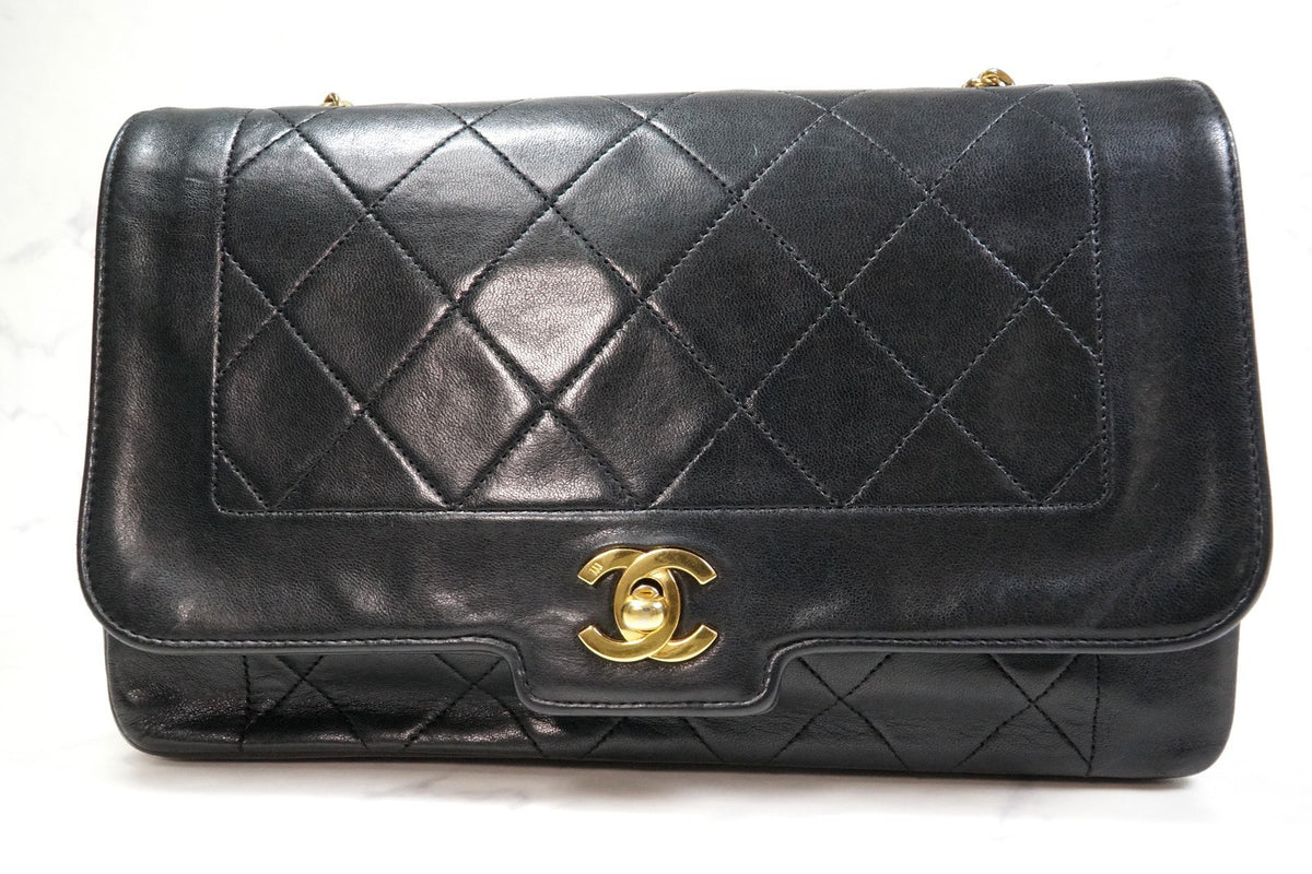 [Rank AB] CHANEL Vintage Diana 25 Matelasse Lambskin Chain Shoulder Bag Black