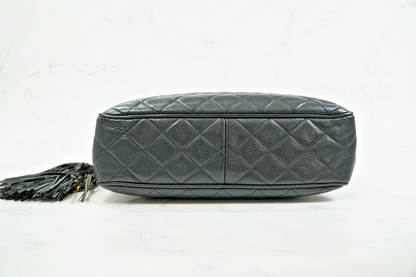 CHANEL Quilted Grained Leather Fringe Chain Shoulder Bag Black CC Vintage JAPAN