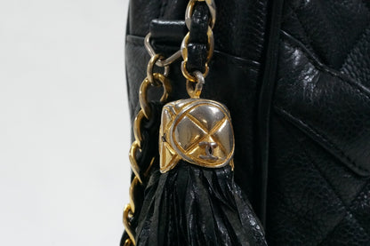 CHANEL Quilted Grained Leather Fringe Chain Shoulder Bag Black CC Vintage JAPAN