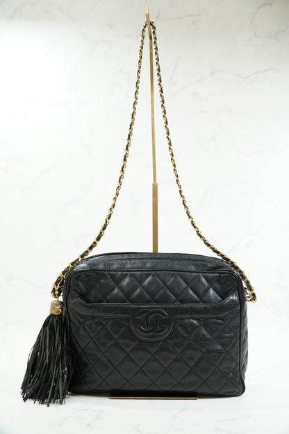 CHANEL Quilted Grained Leather Fringe Chain Shoulder Bag Black CC Vintage JAPAN