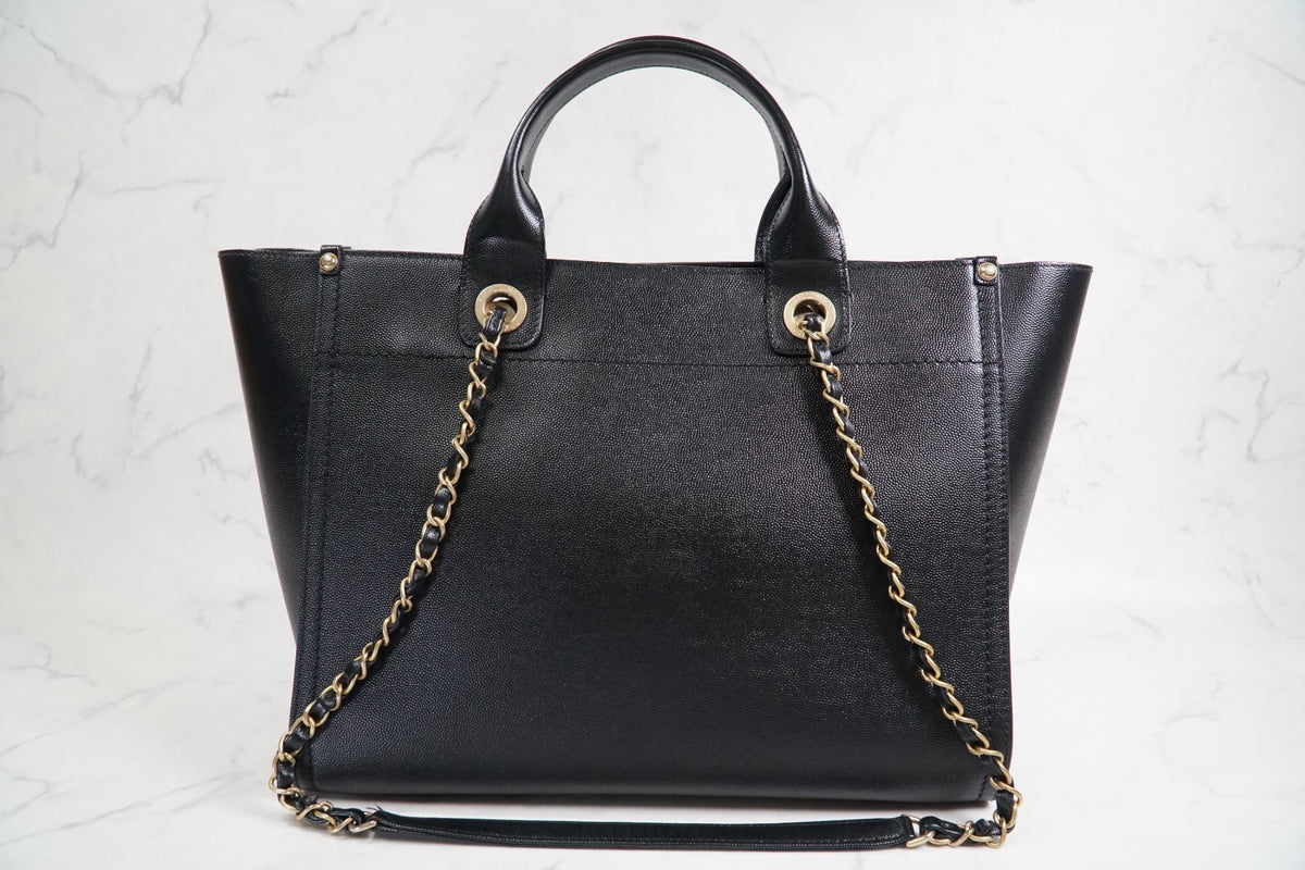 [VERY GOOD] CHANEL Deauville 2way Leather Tote Bag Caviar Skin Black Gold Auth