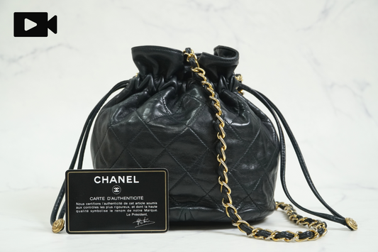 [AB] CHANEL Matelasse Quilted Drawstring Chain Shoulder Bag Lambskin Black Gold