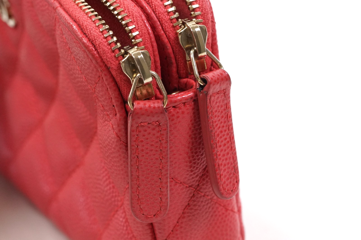 [EXCELLENT] CHANEL Caviar Skin Zipped Chain Wallet Coral Red Crossbody Bag Gold