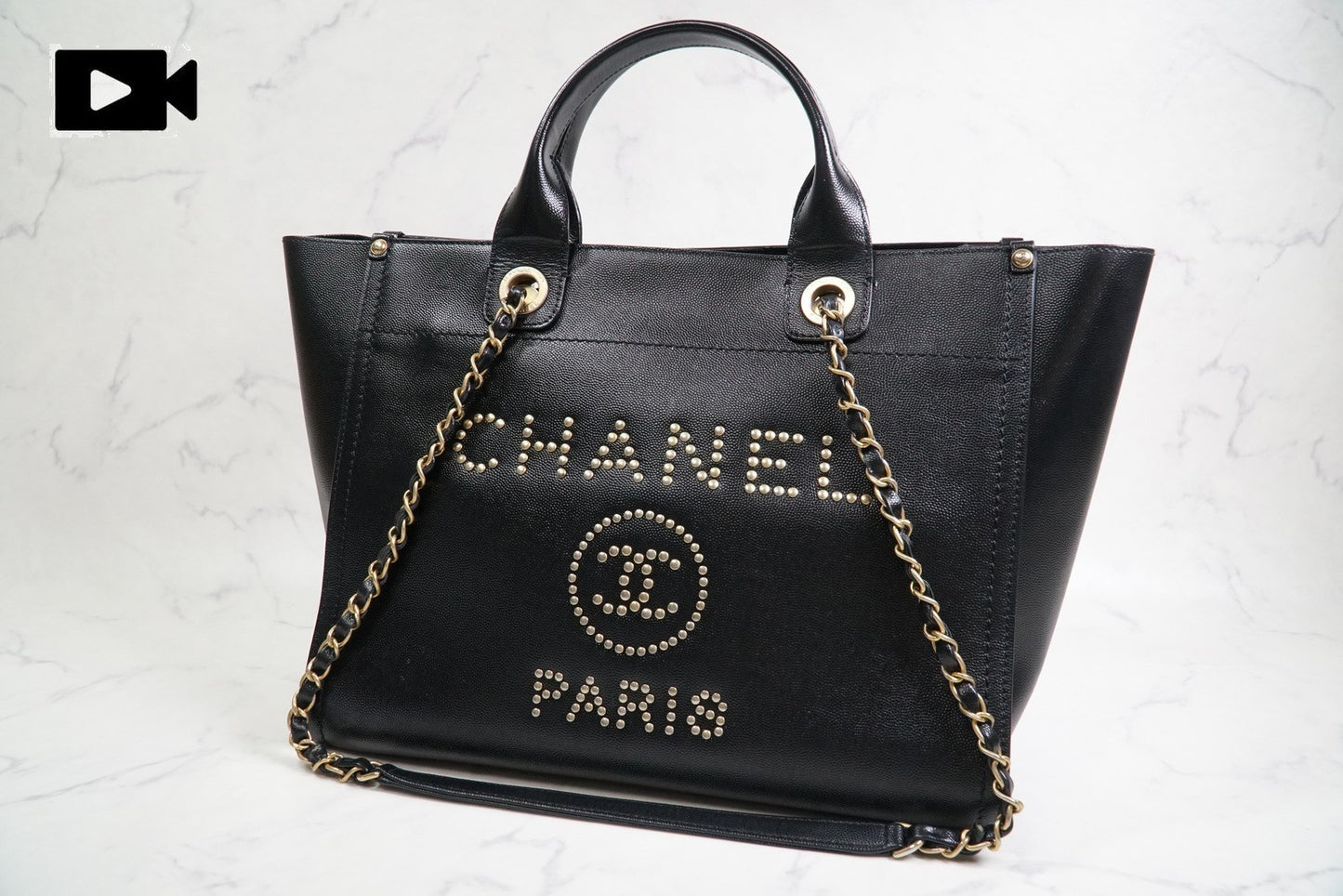 [VERY GOOD] CHANEL Deauville 2way Leather Tote Bag Caviar Skin Black Gold Auth