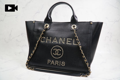 [VERY GOOD] CHANEL Deauville 2way Leather Tote Bag Caviar Skin Black Gold Auth