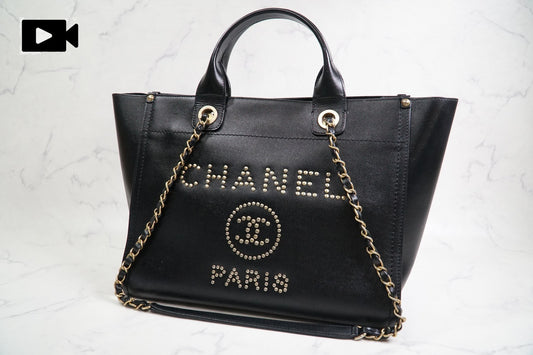 [VERY GOOD] CHANEL Deauville 2way Leather Tote Bag Caviar Skin Black Gold Auth