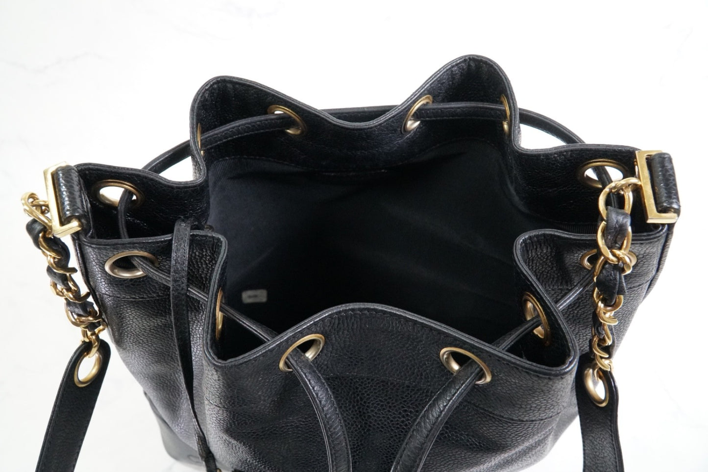 CHANEL Triple Coco Caviar Skin Drawstring Chain Shoulder Bag Black Gold Vintage