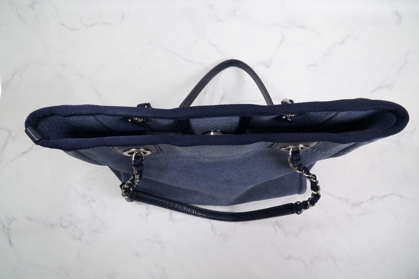 [Rank AB] CHANEL Deauville Canvas Chain Tote Bag Blue Navy Silver Hardware PM