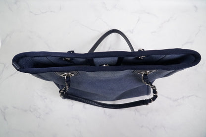 [Rank AB] CHANEL Deauville Canvas Chain Tote Bag Blue Navy Silver Hardware PM