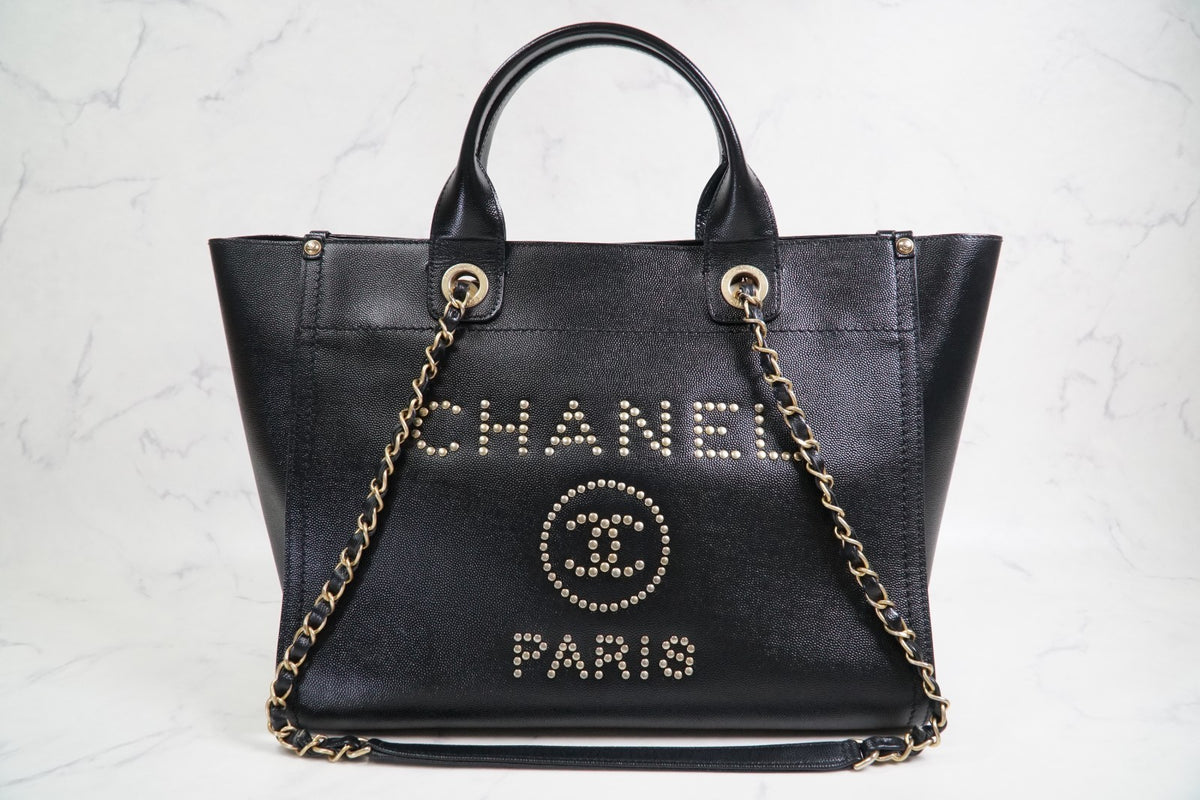 [VERY GOOD] CHANEL Deauville 2way Leather Tote Bag Caviar Skin Black Gold Auth