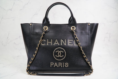 [VERY GOOD] CHANEL Deauville 2way Leather Tote Bag Caviar Skin Black Gold Auth