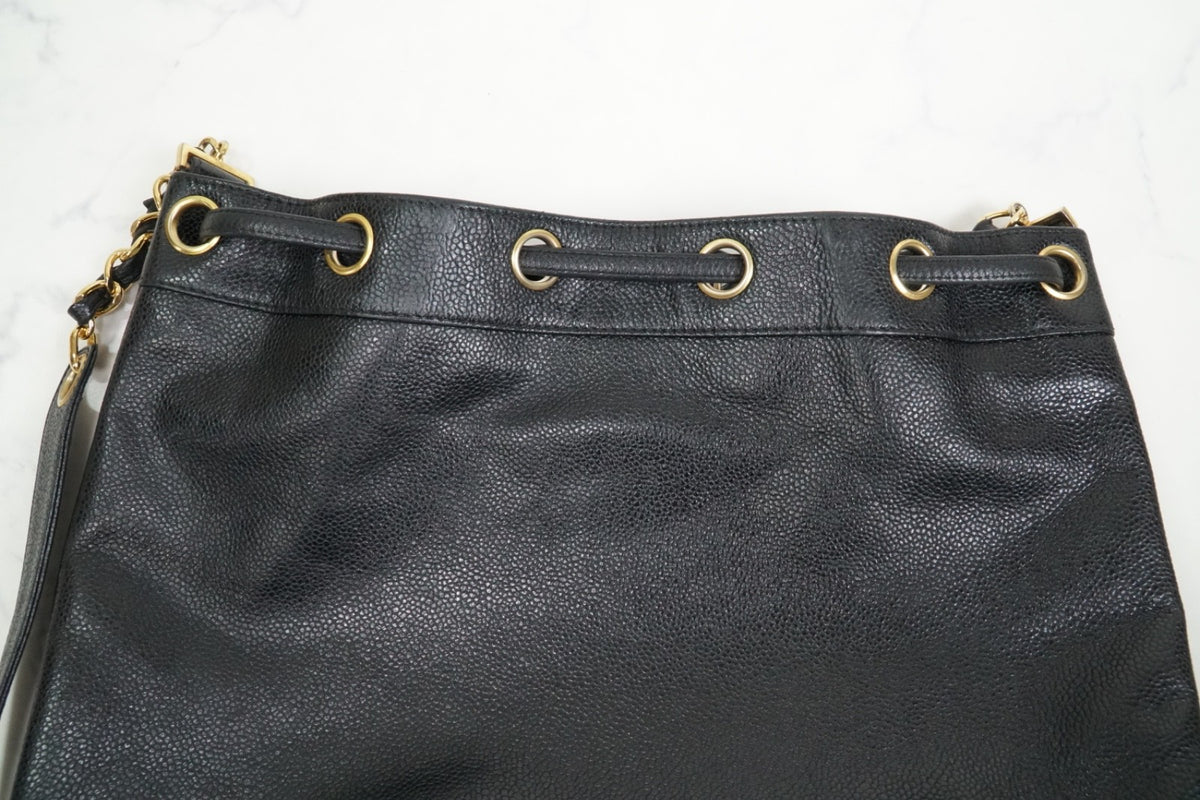 CHANEL Triple Coco Caviar Skin Drawstring Chain Shoulder Bag Black Gold Vintage