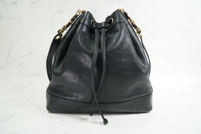 CHANEL Triple Coco Caviar Skin Drawstring Chain Shoulder Bag Black Gold Vintage
