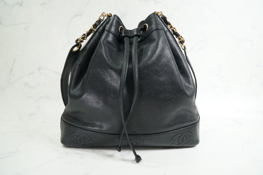 CHANEL Triple Coco Caviar Skin Drawstring Chain Shoulder Bag Black Gold Vintage