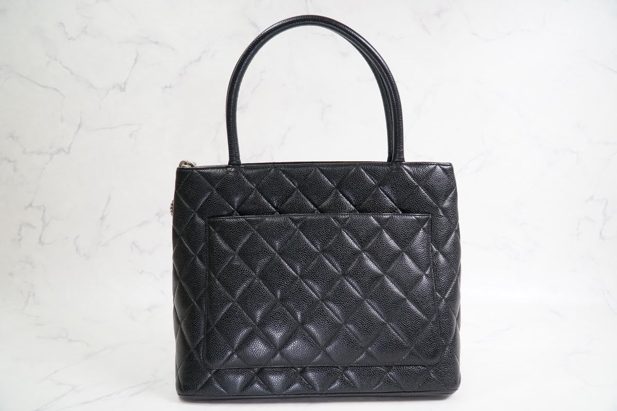 [Rank AB] CHANEL Medallion Tote Caviar Leather Black Silver HW w/ Box Dust Bag