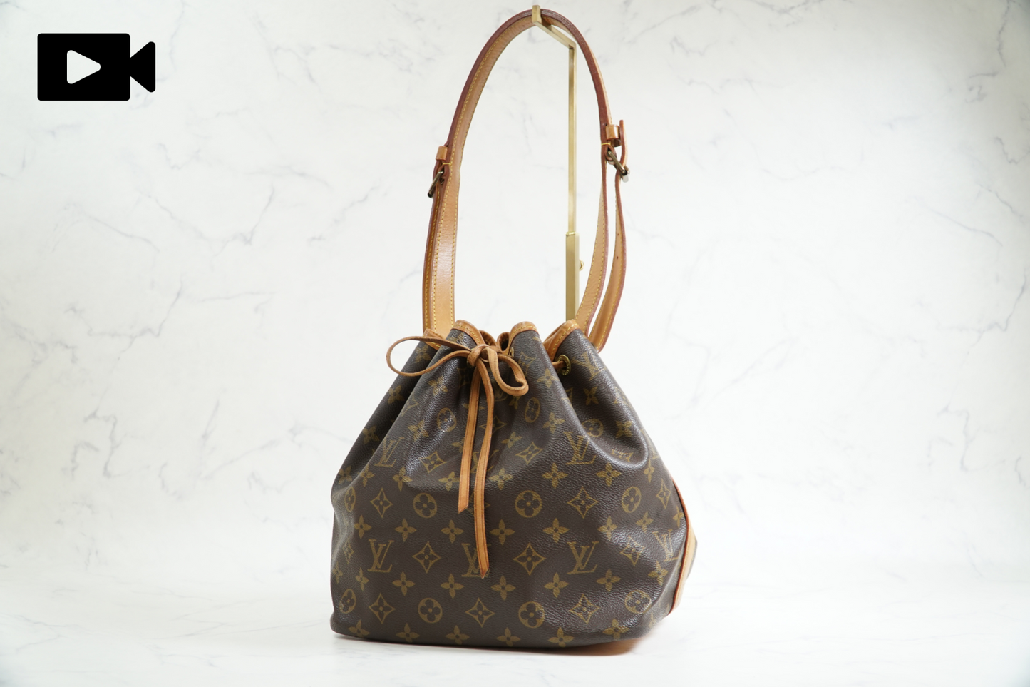[Good] LOUIS VUITTON Monogram Petit Noe Shoulder Bucket Bag Leather Brown AR0921