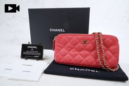[EXCELLENT] CHANEL Caviar Skin Zipped Chain Wallet Coral Red Crossbody Bag Gold