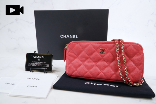 [EXCELLENT] CHANEL Caviar Skin Zipped Chain Wallet Coral Red Crossbody Bag Gold