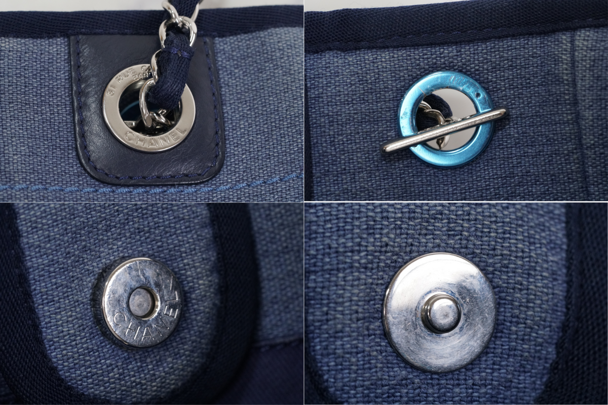 [Rank AB] CHANEL Deauville Canvas Chain Tote Bag Blue Navy Silver Hardware PM