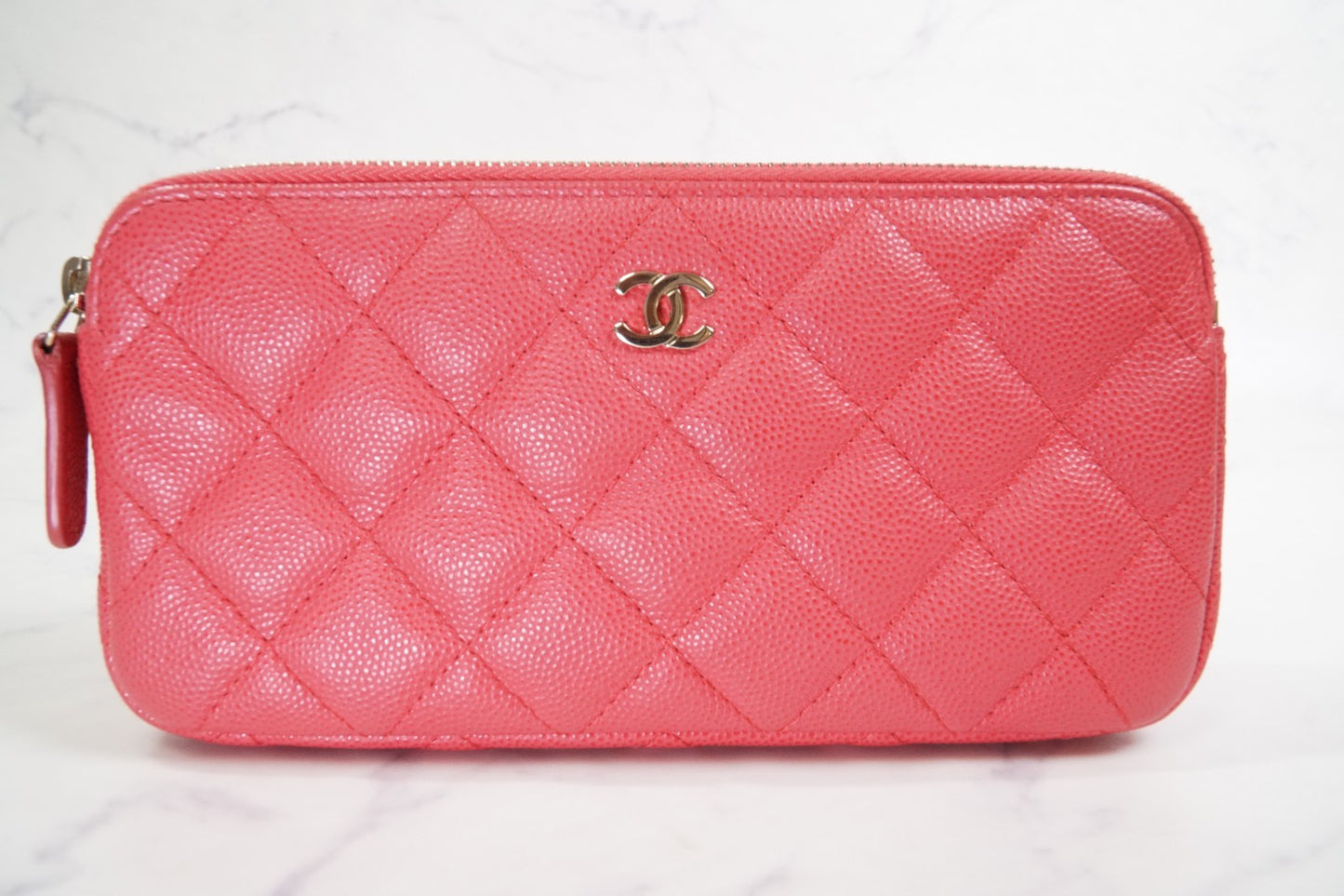 [EXCELLENT] CHANEL Caviar Skin Zipped Chain Wallet Coral Red Crossbody Bag Gold