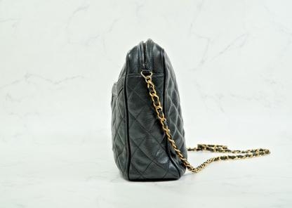 CHANEL Quilted Grained Leather Fringe Chain Shoulder Bag Black CC Vintage JAPAN