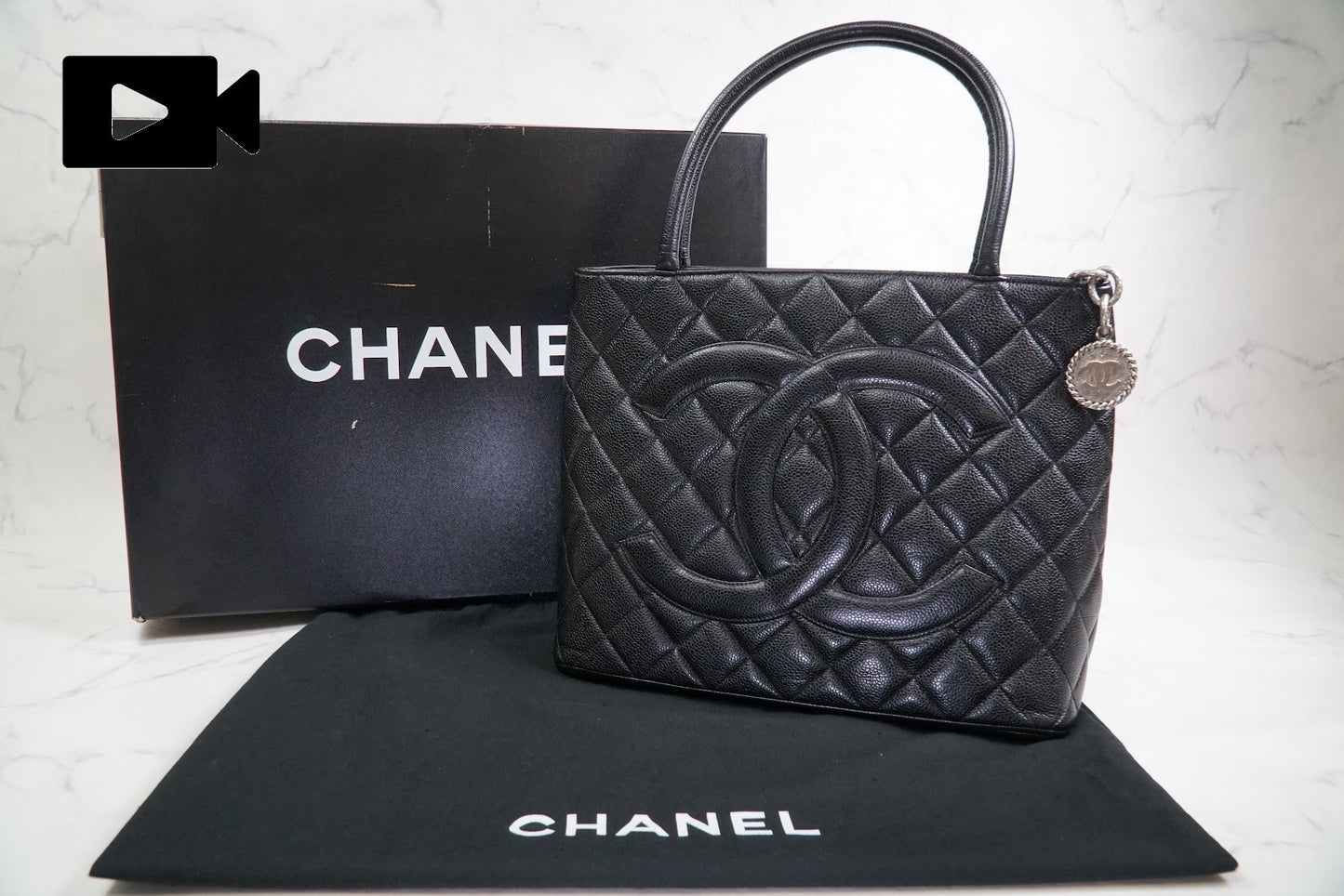 [Rank AB] CHANEL Medallion Tote Caviar Leather Black Silver HW w/ Box Dust Bag