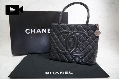 [Rank AB] CHANEL Medallion Tote Caviar Leather Black Silver HW w/ Box Dust Bag