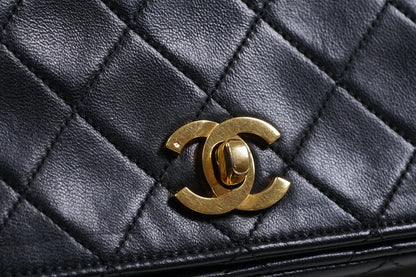 CHANEL Matelasse Full Flap W Chain Shoulder Bag Lambskin Black GHW Vintage Auth