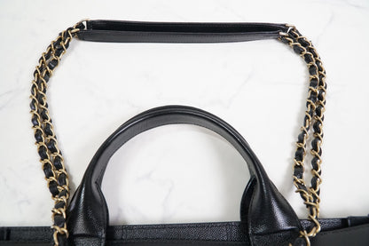 [VERY GOOD] CHANEL Deauville 2way Leather Tote Bag Caviar Skin Black Gold Auth
