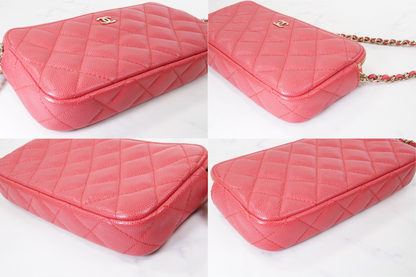 [EXCELLENT] CHANEL Caviar Skin Zipped Chain Wallet Coral Red Crossbody Bag Gold