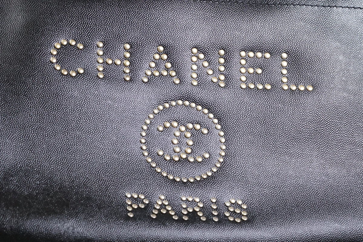 [VERY GOOD] CHANEL Deauville 2way Leather Tote Bag Caviar Skin Black Gold Auth