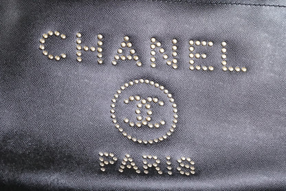 [VERY GOOD] CHANEL Deauville 2way Leather Tote Bag Caviar Skin Black Gold Auth
