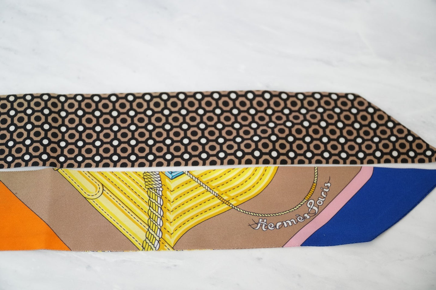 Hermes Twilly Silk Scarf Belt Rope Dot Blue Orange Beige Ribbon with Box JAPAN