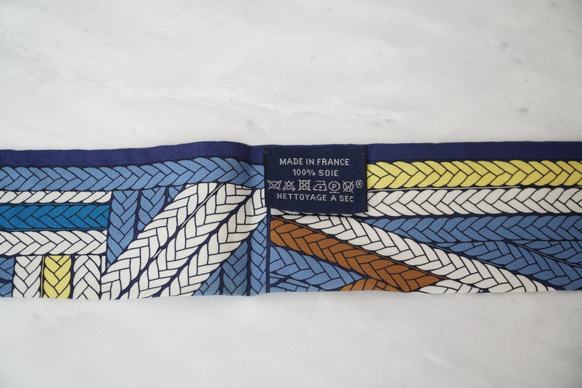 [Excellent] Hermes Twilly Tresses H Silk Blue Ribbon Scarf w/ Box From JAPAN