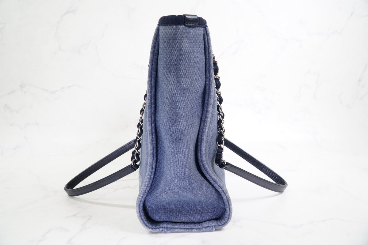 [Rank AB] CHANEL Deauville Canvas Chain Tote Bag Blue Navy Silver Hardware PM